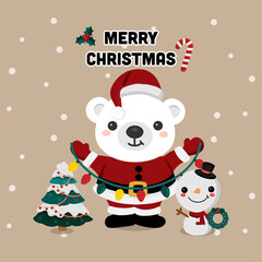 Christmas theme  Polar Bear wearing Santa cap hat.Vector illustration.