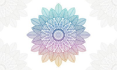 Gradient colorful mandala background with floral ornament pattern. Hand drawn mandala design. Vector mandala template for decoration invitation, cards, wedding, logos, cover, brochure, flyer, banner.