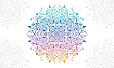 Gradient colorful mandala background with floral ornament pattern. Hand drawn mandala design. Vector mandala template for decoration invitation, cards, wedding, logos, cover, brochure, flyer, banner.