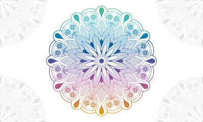 Gradient colorful mandala background with floral ornament pattern. Hand drawn mandala design. Vector mandala template for decoration invitation, cards, wedding, logos, cover, brochure, flyer, banner.