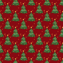 Winter background with Christmas tree, fir trees, fireworks on a red background.