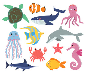 set of marine life for children. vector illustration in cartoon style, isolated on white background