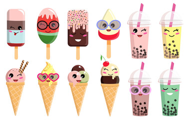 a large set of ice cream and bubble tea with funny and cute faces. vector illustration in cartoon style, isolated on white background
