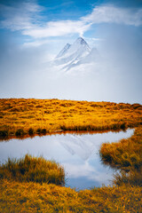 Picturesque view of the snow rocky massif. Location place Bachalpsee, Swiss alps, Switzerland.