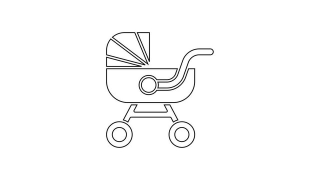 Black line Baby stroller icon isolated on white background. Baby carriage, buggy, pram, stroller, wheel. 4K Video motion graphic animation