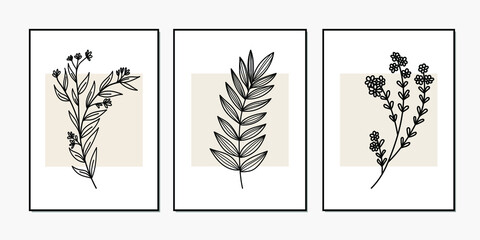 Gallery wall art set of 3 printable minimalist print. Wall art for bedroom, Living room and office décor. Hand draw vector design elements.