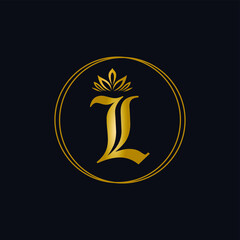 Luxury Initial L Golden metallic Letter  with circle line and leaves crown. Cosmetic, fashion, boutique, logo vector concept