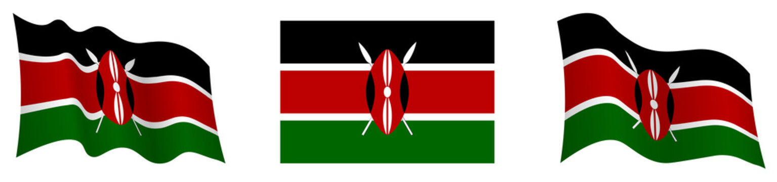 Kenya flag in static position and in motion, fluttering in wind in exact colors and sizes, on white background