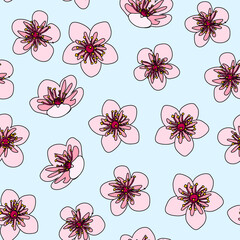Cherry flowers handmade isolated vector illustration with black outline, and sky blue background seamless pattern