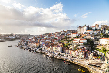 View of Porto downtown, Douro River quay with Sunset in Portugal, 05 November 2019