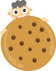 A boy eats chocolate cookies with joy