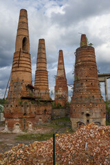 Old lime kilns of a abandoned marble and lime factory close-up on a cloudy August day. Ruskeala,...