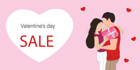 Big Valentine's day sale with couple for website banner or poster sale. Pink color, vector illustration. Vector flat people character after successful shopping holding a present in hand. 