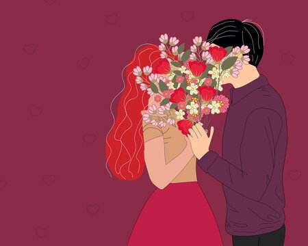 Valentine's Day Card With Happy Couple Man Giving To His Woman A Bouquet Of Flowers. Vector Illustration