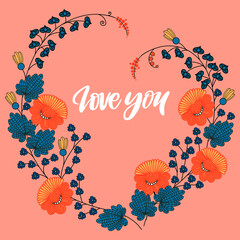 LOVE text in heart of leaves flowers on festive design for Valentines day. Vector illustration. 