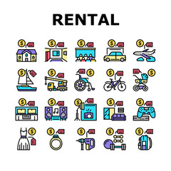 Rental Service Business Collection Icons Set Vector. House And Apartment, Car And Airplane, Boat And Crane Truck, Bicycle And Wheel Chair Rental Concept Linear Pictograms. Color Contour Illustrations