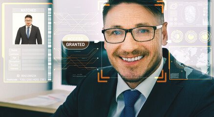 Facial recognition technology scan and detect people face for identification . Future concept interface showing digital biometric security system that analyze human face to verify personal data .