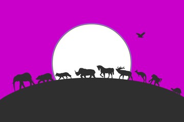Beautiful illustration of walking wild animals with moon light background