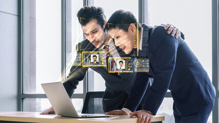 Facial recognition technology scan and detect people face for identification . Future concept interface showing digital biometric security system that analyze human face to verify personal data .