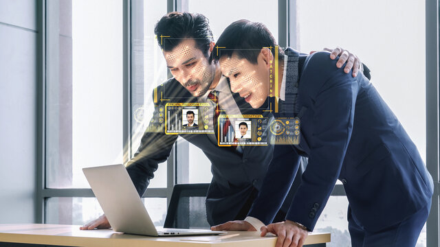 Facial recognition technology scan and detect people face for identification . Future concept interface showing digital biometric security system that analyze human face to verify personal data .
