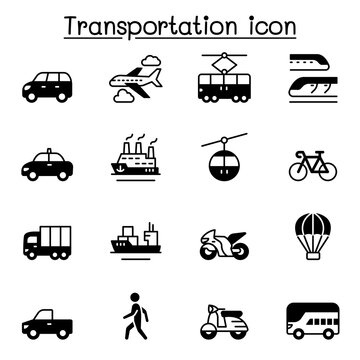 Set of Transportation related vector icons. contains such Icons as airplane, bus, truck, lorry, scooter, motorcycle, walking, bicycle, taxi, train, cruise and more.