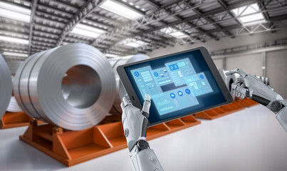 cyborg with digital tablet in steel factory