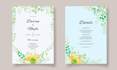 Fototapeta na wymiar Floral wedding invitation template set with elegant flower and leaves watercolor