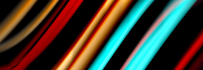 Fototapeta premium Dynamic motion abstract background. Color blurred stripes on black. Wave liquid lines poster. Vector illustration