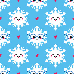 Cute cartoon style snowflakes character and hearts seamless pattern background for christmas and winter design.
