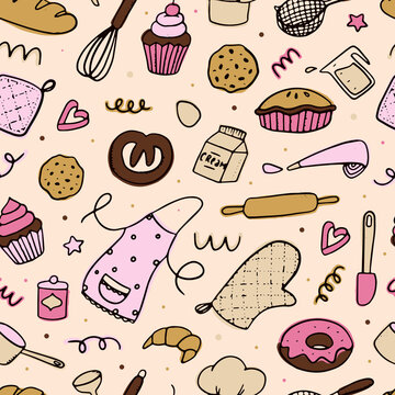 cute bakery seamless pattern with hand drawn doodles for wrapping paper, textile prints, packaging, wallpaper, backgrounds, etc.