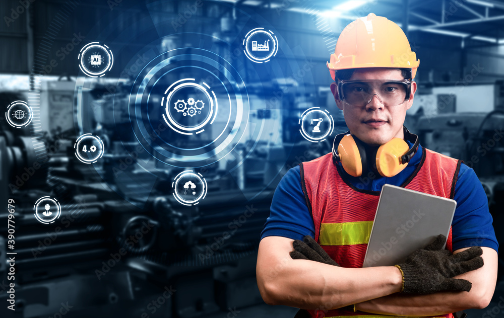 Poster engineering technology and industry 4.0 smart factory concept with icon graphic showing automation s