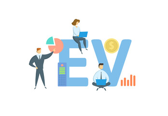 EV, Enterprise Value. Concept with keyword, people and icons. Flat vector illustration. Isolated on white background.