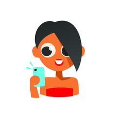 Smiling young girl avatar character in red color dresses, with a short dark color hair, holding smart phone, isolated on a white background, simplicity cartoon flat style, vector illustration icon.