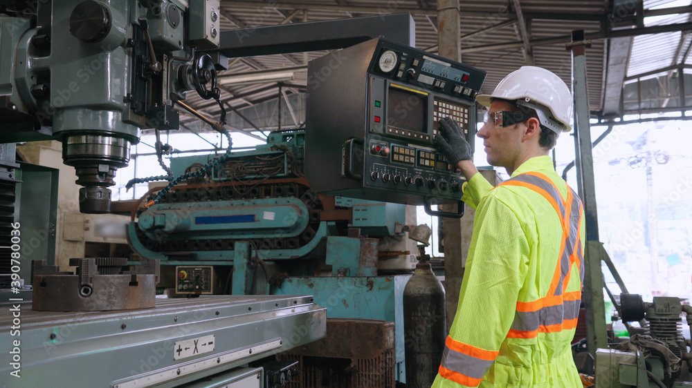 Poster smart factory worker using machine in factory workshop . industry and engineering concept.