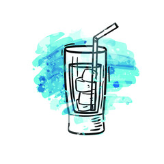 Glass of water with ice, on blue watercolor background. Hand drawn sketch style, isolated abstract color vector art illustration icon. Design for stickers, logo, web and mobile app.