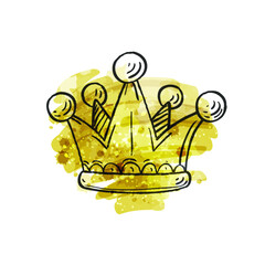 Crown logo. Hand drawn doodle style, isolated abstract vector illustration icon on a yellow watercolor background. Design for stickers, logo, web and mobile app.

