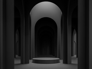 Modern black arch shape room with round podium for display product 3d render,with light from above.