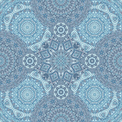 Lace seamless pattern in blue colors. Intricate ornament with mandalas. Print for fabric, textile, wallpaper.