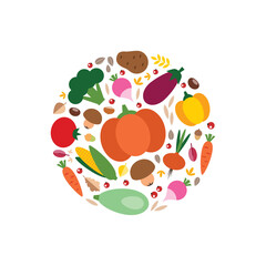 Harvest Background. Circle autumn background made of vegetables, autumn leaves and berries isolated on white. Can be used for Thanksgiving Day invitation, autumn greeting card or banner. Vector 8 EPS