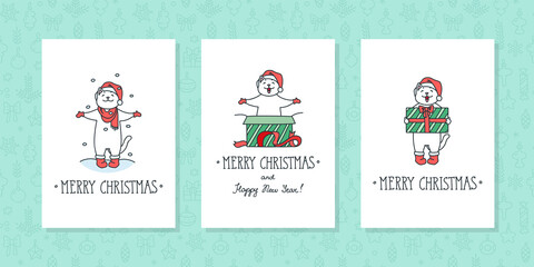 Merry Christmas and Happy New Year. Set of winter holiday greeting cards with cute white cat in Santa costume. Vector 10 EPS.