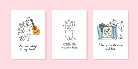 Valentine's Day cards. Illustrations of a cute cats in love isolated on a white background. Vector 8 EPS.