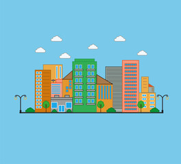 Obraz premium City urban design. Cityscape illustration with trees, shrubs and lanterns. Vector illustration background in geometric style.