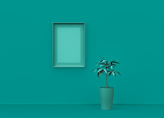 Poster frame mockup scene in plain monochrome green color with single plant and single picture frame. Green background with copy space. 3D rendering