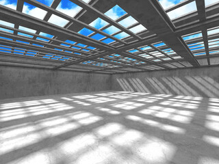 Concrete room wall construction on cloudy sky background