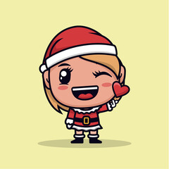 Santa Claus Girl Cute Character and giving Love for people. Merry Christmas And Happy New Year Cartoon Art. Vector Illustration