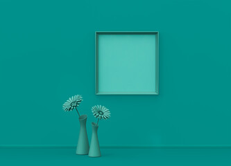 Single poster frame and single flower in flat green color room, monochrome concept, 3d rendering