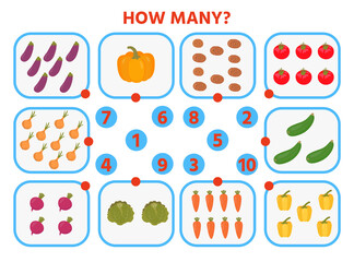 Fototapeta premium Math Education game for children. How many vegetables. Kids learning material. Preschool worksheet activity. Children funny riddle entertainment for the development of logical thinking