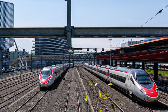 Geneva, Switzerland - April 14, 2019: A modern speedy train at Geneve railway station