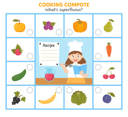 Game for kids. Cooking compote. What products are superfluous?  Preschool worksheet activity. Children funny riddle entertainment for the development of logical thinking