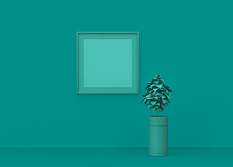 Picture frame mockup room with single square poster frame with frame mat and single flower in flat green color room, monochrome concept, 3d rendering